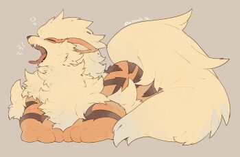 animal_focus arcanine closed_eyes fangs fangs_out fluffy gen_1_pokemon highres mamebato nintendo no_humans open_mouth orange_fur pokemon pokemon_(creature) pokemon_focus simple_background tail tongue tongue_out yawning