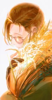 Rule 34 | 1boy, absurdres, black gloves, black hair, closed eyes, closed mouth, fate/grand order, fate (series), glasses, gloves, hair pulled back, highres, holding, holding wheat, hugging object, long sleeves, male focus, partially fingerless gloves, portrait, qmiqun, sepia, short hair, side part, simple background, solo, wheat, wheat bundle, white background, yamanami keisuke (fate)