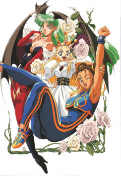 Rule 34 | 3girls, animal print, armored warriors, bare shoulders, bat print, bat wings, blonde hair, blue eyes, breasts, bridal gauntlets, capcom, chun-li, cleavage, company connection, crossover, crown, cyberbots, demon girl, devilot de deathsatan ix, double bun, dress, female focus, green eyes, green hair, hair bun, head wings, leotard, looking at viewer, morrigan aensland, multiple girls, pantyhose, patterned legwear, print legwear, simple background, smile, street fighter, unitard, darkstalkers, white dress, wings, yokota mamoru