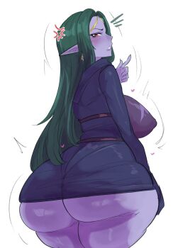 1girl anger_vein ass blue_dress blush breasts colored_skin dress green_eyes highres huge_ass huge_breasts long_hair looking_at_viewer looking_back original pinkkoffin pointy_ears purple_skin second-party_source selina_yauntyrr_(djns) simple_background solo white_background
