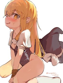 1girl between_legs blush bow hair_bow hat hat_bow highres kirisame_marisa long_hair open_mouth puffy_short_sleeves puffy_sleeves short_sleeves sitting solo sweat sweatdrop touhou tungsten_mochoo witch_hat yellow_eyes