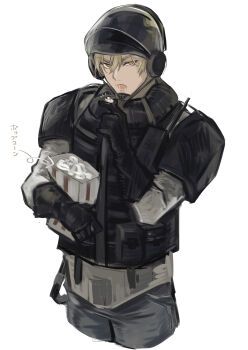 Rule 34 | 1boy, absurdres, arknights, babu don (don 10 13), black gloves, blitz (rainbow six siege), blonde hair, body armor, bulletproof vest, commentary request, cropped legs, eating, food, gloves, helmet, highres, holding, looking at viewer, lower teeth only, male focus, military uniform, open mouth, pants, popcorn, rainbow six siege, short hair, simple background, solo, tactical clothes, teeth, white background, yellow eyes
