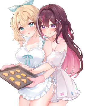 2girls apron azki_(hololive) blonde_hair blush braid breasts choker closed_mouth collarbone colored_inner_hair commentary_request cookie dress fingernails food frilled_apron frills green_eyes green_ribbon grey_hair hair_ornament hair_ribbon hairclip heart heart-shaped_cookie heart-shaped_food heart_choker holding holding_tray hololive hug hug_from_behind kazama_iroha large_breasts long_hair looking_at_viewer mittens multicolored_hair multiple_girls nail_polish naked_apron nikoo open_mouth pink_choker pink_eyes pink_hair pink_mittens pink_nails plaid_ribbon ribbon short_sleeves shoulder_blush side_ponytail simple_background smile streaked_hair sweatdrop thighs tongue tongue_out tray virtual_youtuber white_apron white_background white_dress yuri