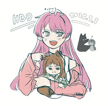 2girls animal_ears animalization bang_dream! bang_dream!_it's_mygo!!!!! bird blue_eyes blush brown_hair cat chihaya_anon chiino_exe chinese_commentary commentary_request dated fox_ears fox_girl fox_tail grey_eyes happy_birthday highres jacket kaname_raana kemonomimi_mode long_hair multiple_girls mygo!!!!!_(bang_dream!) nagasaki_soyo open_mouth penguin pink_hair pink_jacket raana_the_cat shiina_taki tail takamatsu_tomori tank_top teeth unfinished upper_teeth_only white_tank_top wolf