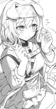 1girl animal_ears arknights blush breasts check_clothing chest_belt closed_mouth clothing_request dress droopy_ears flying_sweatdrops goldenglow_(arknights) hair_ornament hands_up headband highres jacket medium_breasts medium_hair open_clothes open_jacket re0n sketch solo
