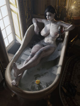 1girl 3d alcina_dimitrescu bathing bathtub black_hair blender_(medium) bottle breasts chalice closed_eyes colored_skin commentary completely_nude crossed_legs cup english_commentary feet grey_skin highres large_breasts nipples nude partially_submerged quick_e relaxing resident_evil resident_evil_village rubber_duck soap_bubbles solo tall_female thighs toes wet window wine_bottle