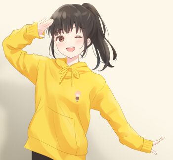 Rule 34 | 1girl, ;d, animification, arm up, black hair, blush, brown eyes, character print, commentary, date pun, dated commentary, drawstring, gradient background, hanazora satsuki, high ponytail, highres, hinoshita kaho, hood, hoodie, link! like! love live!, lone nape hair, love live!, medium hair, nirei nozomi, number pun, one eye closed, open mouth, outstretched hand, ponytail, real life, salute, seeno de! hasu no sora!, shadow, sidelocks, smile, solo, teeth, tied drawstring, upper body, upper teeth only, voice actor, white background, yellow hoodie