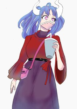 Rule 34 | absurdres, blue hair, cape, closed eyes, contemporary, dress, highres, horns, long hair, mask, mouth mask, multicolored hair, neck ribbon, one piece, pink background, purple eyes, ribbon, siblings, solo focus, sorambk, striped, thighs, twintails, ulti (one piece), white horns