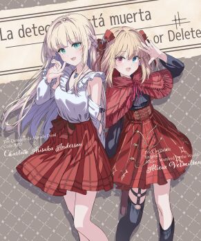 2girls :d absurdres alicia_(tantei_wa_mou_shindeiru) asymmetrical_legwear bare_shoulders black_shirt black_socks black_thighhighs blonde_hair blue_eyes blush capelet charlotte_arisaka_anderson collarbone commentary_request feet_out_of_frame green_eyes hand_up heterochromia highres jewelry long_hair long_sleeves looking_at_viewer medium_hair mikisai multiple_girls neck_ribbon necklace o-ring o-ring_thigh_strap open_mouth red_capelet red_eyes red_ribbon red_skirt ribbon shirt single_sock single_thighhigh skirt smile socks standing tantei_wa_mou_shindeiru thigh_strap thighhighs uneven_legwear white_shirt