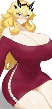 1girl abs bare_shoulders barghest_(fate) barghest_(like_a_lady)_(fate) blonde_hair blush breasts cleavage collarbone commentary_request cross-laced_clothes dress fate/grand_order fate_(series) green_eyes heterochromia highres horns huge_breasts long_hair long_sleeves looking_at_viewer muscular muscular_female off-shoulder_sweater off_shoulder red_dress red_eyes red_sweater revision smile solo sweater sweater_dress thick_thighs thighs yom_(yom4_e)