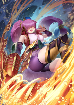 Rule 34 | 1girl, armored boots, bike shorts, black shorts, boots, commentary request, detached sleeves, duel masters, fire, flower, from below, hair flower, hair ornament, hair over eyes, higemoti, high ponytail, highres, holding, holding sword, holding weapon, islay (duel masters), long hair, low-tied long hair, open mouth, pink shirt, ponytail, purple hair, shirt, short shorts, shorts, solo, sword, teeth, upper teeth only, vambraces, weapon