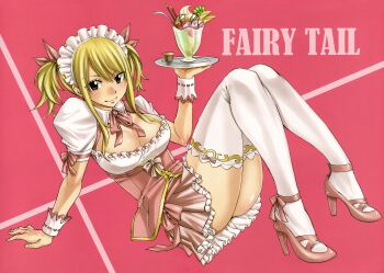 1girl absurdres alternate_costume arm_support blonde_hair blush bow breasts brown_eyes cleavage copyright_name enmaided fairy_tail female_focus food frills fruit full_body high_heels highres ice_cream large_breasts lucy_heartfilia maid mashima_hiro official_art parfait pink_background pink_shoes pink_theme pumps ribbon scan shoes sitting smile solo strawberry sundae tattoo thighhighs tray white_thighhighs wrist_cuffs
