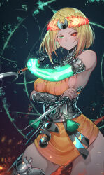 Rule 34 | 1girl, absurdres, ancient greek clothes, asymmetrical arms, black sclera, blonde hair, blush, bone, breasts, closed mouth, colored sclera, commentary, dark background, dress, glowing arm, greco-roman clothes, green eyes, green lips, hades (series), hades 2, heterochromia, highres, holding sickle, laurel crown, looking at viewer, melinoe (hades), mismatched sclera, orange dress, red eyes, see-through body, shiny skin, short hair, sickle, sideboob, skeletal arm, skindentation, sleeveless, solo, sparkle, thick thighs, thighs, ura illust, weapon