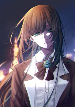 1girl ado_(utaite) black_bow black_bowtie black_hair blue_eyes blurry blurry_background bow bowtie chando_(ado) closed_mouth collared_shirt commentary dress_shirt highres long_hair shirt shoko_(gs_music11) solo tokyo_tower upper_body utaite white_shirt