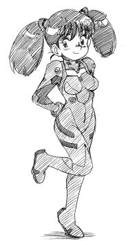 1990s_(style) 1girl black_hair bodysuit breasts character_request cosplay covered_navel hand_on_own_hip highres leg_lift leg_up legs looking_at_viewer medium_breasts medium_hair monochrome neon_genesis_evangelion retro_artstyle smile solo souryuu_asuka_langley thighs traditional_media twintails