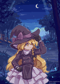1girl black_bow black_gloves blonde_hair bow braid commentary_request crescent_moon gloves hair_bow hat hat_bow highres kirisame_marisa long_hair long_sleeves looking_back moon nero_augustus night outdoors purple_bow single_braid solo star_(sky) touhou tree witch_hat yellow_eyes