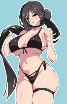 1girl absurdres bikini black_bikini black_choker black_hair blue_archive blue_background breasts choker commentary curvy english_commentary front-tie_bikini_top front-tie_top hair_between_eyes hair_bun hasumi_(blue_archive) hasumi_(swimsuit)_(blue_archive) highleg highleg_bikini highres holding holding_own_hair kuraido_(kuraid_draw) large_breasts long_hair long_hair_between_eyes no_halo no_wings red_eyes side-tie_bikini_bottom single_hair_bun solo standing swimsuit thigh_strap