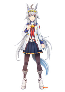 Rule 34 | 1girl, absurdres, ahoge, animal ears, black pantyhose, blue eyes, blue sailor collar, blue skirt, blush, boots, brooch, closed mouth, commentary request, ear ornament, full body, grey hair, grey tail, hair between eyes, hair ornament, hairband, highres, horse ears, horse girl, horse tail, jacket, jewelry, konsu (konsu1182da), long hair, long sleeves, midriff peek, multicolored hair, neckerchief, oguri cap (starlight beat) (umamusume), oguri cap (umamusume), pantyhose, pleated skirt, red neckerchief, sailor collar, shirt, simple background, skirt, smile, solo, star brooch, tail, umamusume, white background, white boots, white jacket, white shirt