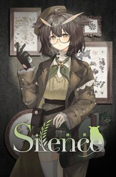 1girl absurdres alternate_costume arknights beret black_gloves brown_hair brown_hat brown_jacket brown_shorts brown_sweater bug butterfly character_name chinese_commentary closed_mouth commentary_request feather_hair flask framed_insect glasses gloves green_neckerchief hat highres holding holding_flask horns huoshan_xue indoors insect insect_collection jacket long_sleeves looking_at_viewer neckerchief owl_ears picture_frame pouch short_hair shorts silence_(arknights) solo standing sweater taxidermy thigh_pouch thighhighs wallpaper_(object) white_thighhighs