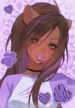 1girl aegyo_sal animal_ear_piercing animal_ears big_hair brown_hair choker clawdeen_wolf commentary dark-skinned_female dark_skin english_commentary eyelashes heart highres long_hair looking_at_viewer monster_girl monster_high monster_high_(g2) multicolored_hair noisykoala paw_print purple_lips raglan_sleeves shirt snakebite_(piercing) solo streaked_hair very_dark_skin werewolf wolf_ears wolf_girl yellow_eyes