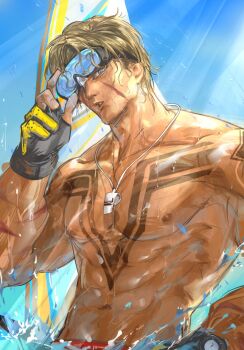 Rule 34 | 1boy, abs, arm tattoo, baiyeju8, blonde hair, blue eyes, blue sky, chest tattoo, collarbone, commentary request, gloves, goggles, highres, lifeguard, light rays, luke sullivan, male focus, male swimwear, navel, nipples, official alternate costume, one eye covered, outdoors, parted lips, partially fingerless gloves, pectorals, red male swimwear, red swim trunks, shoulder tattoo, sky, solo, splashing, street fighter, street fighter 6, summer, sunbeam, sunlight, surfboard, tattoo, teeth, topless male, water, wet, wet hair, whistle, whistle around neck
