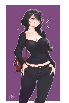 1girl bag black_hair black_pants black_shirt border braid breasts cleavage closed_mouth collarbone cropped_legs denim elsa_granhilte flower hair_flower hair_ornament handbag hands_in_pockets highres jeans large_breasts long_hair long_sleeves looking_at_viewer miarin141 midriff midriff_peek mole mole_under_eye pants purple_background purple_eyes purple_flower re:zero_kara_hajimeru_isekai_seikatsu shirt signature simple_background smile smug solo sparkle white_border