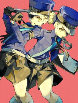 2girls 4me3ba_niku armband black_armband black_gloves black_necktie black_shorts blonde_hair blue_hat blue_shirt braid caroline_(persona_5) clipboard closed_mouth commentary_request double_bun dutch_angle eyepatch feet_out_of_frame gloves grin hair_bun hat highres holding holding_baton_(weapon) holding_clipboard justine_(persona_5) kepi long_sleeves looking_at_viewer military_hat multiple_girls necktie one_eye_covered persona persona_5 pink_background shirt shorts siblings simple_background sisters smile twins wing_collar yellow_eyes