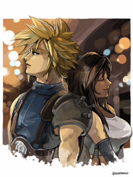1boy 1girl armor back-to-back black_hair blonde_hair blue_eyes blue_sweater border breasts closed_eyes closed_mouth cloud_strife commentary_request crop_top cropped_torso final_fantasy final_fantasy_vii from_side highres large_breasts long_hair outside_border profile ribbed_sweater shoulder_armor smile spiked_hair suspenders sweater tank_top tifa_lockhart turtleneck turtleneck_sweater twitter_username upper_body uzutanco white_border white_tank_top