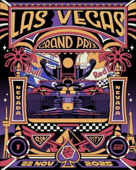 Rule 34 | 2025, car, chuangraphics, dice, english text, formula one, highres, las vegas, motor vehicle, no humans, poster (medium), red bull, spade (shape), vehicle focus, vehicle request
