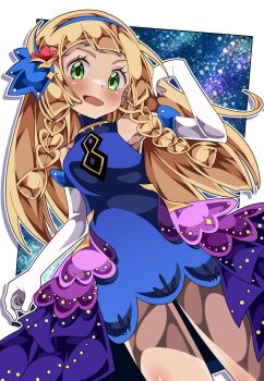 1girl bare_shoulders blonde_hair braid dress elbow_gloves eyelashes gloves green_eyes hair_flip hairband highres lillie_(anniversary_2021)_(pokemon) lillie_(pokemon) long_hair looking_at_viewer nintendo official_alternate_costume open_mouth pokemon pokemon_masters_ex shiki_(kisikisi1007) sleeveless sleeveless_dress smile solo star_(sky) starry_sky_background twin_braids white_gloves