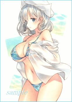 1girl aqua_border bikini blue_bikini blue_eyes border breasts cleavage closed_mouth commentary_request cowboy_shot from_side grey_hair hand_up large_breasts letty_whiterock long_sleeves looking_at_viewer looking_to_the_side marker_(medium) medium_hair navel shirt shirt_partially_removed solo standing stomach swimsuit touhou traditional_media watasakura white_shirt