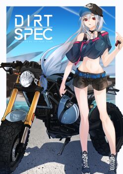 1girl absurdres alternate_costume arknights bare_shoulders baseball_cap belt black_hat blue_sky border choker collarbone crop_top english_text full_body hat helmet highres holding holding_unworn_helmet key knees long_hair looking_at_viewer low-tied_long_hair motor_vehicle motorcycle motorcycle_helmet navel orca outdoors road scenery short_shorts shorts skadi_(arknights) sky solo standing unworn_headwear unworn_helmet very_long_hair white_border white_hair you'a