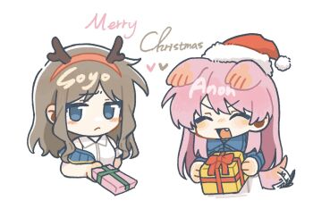 2girls animal_ears bang_dream! bang_dream!_it's_mygo!!!!! blue_eyes blue_jacket blush brown_hair character_name chihaya_anon chinese_commentary closed_eyes commentary_request dog_ears dog_tail fake_antlers fang gift highres jacket kemonomimi_mode long_hair merry_christmas multiple_girls nagasaki_soyo open_mouth pink_hair rikuuu_0214 sidelocks tail