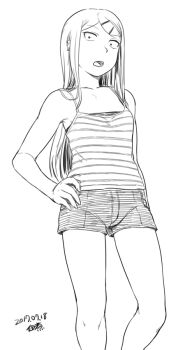 1girl bare_shoulders breasts collarbone dagashi_kashi dated ear_piercing endou_saya feet_out_of_frame hair_ornament hand_on_own_hip legs long_hair monochrome open_mouth piercing shirt shorts signature simple_background small_breasts standing striped_clothes striped_shirt teeth thighs tongue tsukudani_(coke-buta) upper_teeth_only white_background