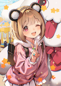 1girl ;d animal_ear_hairband animal_ears artist_name backpack bag bandaid bandaid_on_finger bandaid_on_hand bear_ears brown_bag brown_hair brown_hairband character_request commentary_request copyright_request fake_animal_ears fur-trimmed_hood fur_trim hairband hood hood_down hoodie kink_(tortoiseshell) long_sleeves medium_hair one_eye_closed open_mouth pink_eyes pink_hoodie self-harm_scar skirt smile solo star_(symbol) teeth upper_teeth_only v white_skirt