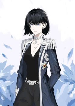 Rule 34 | 1girl, aegyo sal, belt, birdofthesevenseas, black hair, black shirt, blue coat, bob cut, breasts, cleavage, coat, collar, cowboy shot, earrings, epaulettes, hand in pocket, highres, iridescent, jet (shadow slave), jewelry, looking at viewer, multiple earrings, open clothes, open coat, shadow slave, shirt, short hair, solo