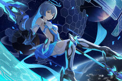 Rule 34 | 1girl, absurdres, blue dress, boots, breasts, bronya zaychik, bronya zaychik (herrscher of truth), dress, drill hair, earth (planet), full body, glowing, grey eyes, grey hair, halo, hashtag-only commentary, high heel boots, high heels, highres, holding, holding polearm, holding weapon, holographic interface, honkai (series), honkai impact 3rd, kuma (kumasan 82), long hair, looking at viewer, medium breasts, planet, polearm, solo, space, star (sky), thigh boots, very long hair, weapon