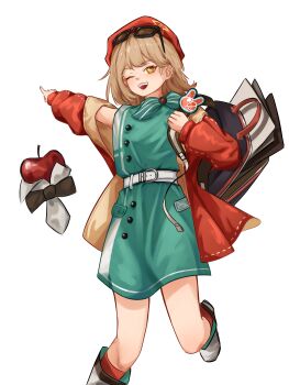 1girl ;d absurdres apple apple_(reverse:1999) aqua_dress backpack bag belt black_bow black_bowtie boots bow bowtie brown_hair dress food foot_out_of_frame fruit hand_up hat highres holding_strap jacket kooi_koyume leg_up one_eye_closed open_bag open_mouth orange_eyes pointing pointing_to_the_side record_jacket red_hat red_jacket red_socks regulus_(reverse:1999) reverse:1999 short_dress sleeveless sleeveless_dress smile socks solo traditional_bowtie white_background white_belt white_boots