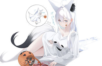 1girl absurdres animal_ear_fluff animal_ear_piercing animal_ears aqua_eyes breasts candy commentary_request double-parted_bangs food fox_ears fox_girl fox_tail hair_between_eyes highres hololive long_hair looking_at_viewer lying medium_breasts no_pants on_side print_shirt shirakami_fubuki shirt simple_background single_off_shoulder sleeves_past_wrists solo speech_bubble tail tanishi_(hetianming11093) thought_bubble v-neck virtual_youtuber white_background white_hair white_shirt