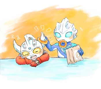 +++ 2boys alien armor bag blue_eyes blue_gem blue_skin blush bracelet breastplate chibi chibi_only closed_eyes color_timer colored_skin commentary donut dorsal_fin drooling food food_in_mouth food_on_head forehead_jewel gem gloves glowing glowing_eyes highres holding holding_bag holding_donut holding_food horns jewelry looking_at_another male_focus mitino78 mouth_hold multicolored_skin multiple_boys notice_lines object_on_head open_mouth orange_background paper_bag red_gloves red_skin silver_skin simple_background sleeping table tokusatsu twitter_username two-tone_skin u_u ultra_bracelet ultra_galaxy_(series) ultra_galaxy_fight:_the_absolute_conspiracy ultra_series ultraman_tarou ultraman_tarou_(series) ultraman_tregear ultraman_tregear_early_style yellow_eyes zzz