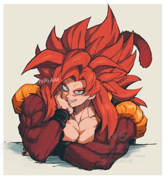 Rule 34 | 1boy, biceps, blue eyes, body fur, dragon ball, dragon ball gt, gogeta, highres, looking at viewer, male focus, metamoran vest, monkey boy, monkey tail, muscular, muscular male, no nipples, pectorals, red fur, red hair, relio db318, simple background, smile, solo, spiked hair, super saiyan, super saiyan 4, tail, veins, veiny hands