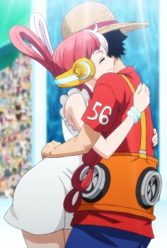 1boy 1girl anime_screenshot bare_legs bare_shoulders black_hair curvy dress hair_over_one_eye happy headphones highres hug long_hair monkey_d._luffy multicolored_hair multiple_others one_piece one_piece_film:_red red_hair third-party_edit toei_company two-tone_hair uta_(one_piece) very_long_hair white_dress white_hair wide_hips