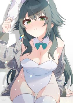 1girl absurdres alternate_costume animal_ear_hairband animal_ears arm_support bow bowtie breasts cleavage coat collarbone commentary_request detached_collar fake_animal_ears gakuen_idolmaster green_bow green_bowtie green_eyes green_hair grey_coat groin hair_flaps hairband highleg highleg_leotard highres idolmaster leotard long_hair looking_at_viewer medium_breasts playboy_bunny rabbit_ear_hairband rabbit_ears sitting skindentation solo strapless strapless_leotard thighhighs tsukimura_temari very_long_hair white_leotard white_thighhighs yuuoxouma