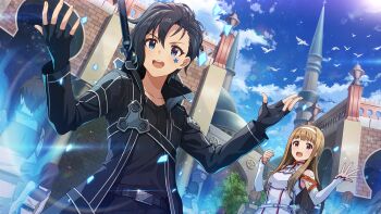 2girls asuna_(sao) asuna_(sao)_(cosplay) bird black_coat black_gloves black_hair black_shirt blue_eyes brown_hair coat commentary_request cosplay day facial_mark fingerless_gloves game_cg gloves hands_up idolmaster idolmaster_million_live! idolmaster_million_live!_theater_days julia_(idolmaster) kirito kirito_(cosplay) multiple_girls official_alternate_costume official_alternate_hair_color official_art outdoors shirt short_hair standing star_(symbol) star_facial_mark sword_art_online tanaka_kotoha third-party_source white_bird