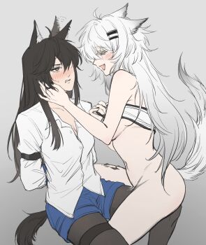 2girls :d ahoge animal_ears arknights arms_behind_back black_pantyhose blue_shorts blush bottomless breasts cleavage clothes_lift collared_shirt commentary couple ear_wiggle eye_contact fangs frottage gibberish_commentary gradient_background grey_background grey_hair hair_ornament hairclip hand_in_another's_hair highres invisible_chair lappland_(arknights) large_breasts long_hair long_sleeves looking_at_another multiple_girls nose_blush onemore open_mouth pantyhose pantyhose_under_shorts parallel_hairclips partially_unbuttoned pussy_juice scar scar_across_eye scar_on_face shirt shirt_lift shorts sideways_mouth sitting sketch smile straddling tail texas_(arknights) thigh_straddling white_shirt yuri