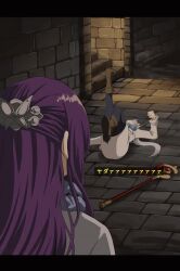 2girls animated brick_wall coat dungeon_meshi elf female_focus fern_(sousou_no_frieren) frieren fujitaka_nasu grey_hair highres interior long_hair marcille_breakdance_(meme) multiple_girls parody pointy_ears purple_hair scarf scene_reference sousou_no_frieren tagme tantrum twintails video winter_clothes winter_coat