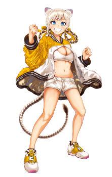 Rule 34 | 1girl, absurdres, animal ears, blue eyes, braid, braided hair rings, breasts, character request, cleavage, clenched hands, commentary request, copyright request, full body, grin, hair rings, highres, jacket, light brown hair, long hair, looking at viewer, medium breasts, midriff, multicolored jacket, multicolored shoes, navel, shoes, simple background, smile, solo, sports bra, standing, stomach, tail, two-tone jacket, two-tone shoes, virtual youtuber, white background, white jacket, white shoes, white sports bra, yellow jacket, yellow shoes, yumeno tanuki