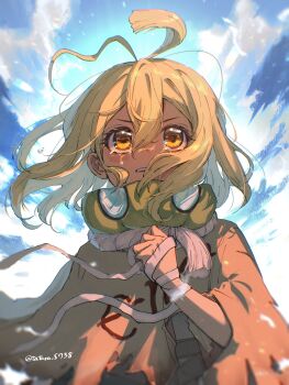 1girl absurdres ahoge antenna_hair bandaged_arm bandaged_hand bandages blonde_hair blue_sky cloak cloud crying crying_with_eyes_open dr._stone e=mc2_(equation) food fruit gas_mask hair_between_eyes highres mask mask_around_neck poncho sky solo suika_(dr.stone) tatara_5738 tears torn_clothes twitter_username upper_body watermelon wind yellow_eyes