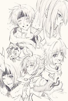 Rule 34 | 19670615t, 3boys, 3girls, ashton anchors, claude c. kenny, closed mouth, crescent, crescent hair ornament, dias flac, dragon, greyscale, hair ornament, headband, leon geeste, long hair, monochrome, multiple boys, multiple girls, one eye closed, open mouth, pointy ears, ponytail, precis neumann, rena lanford, short hair, simple background, smile, star ocean, star ocean: the second story, sunglasses, white background