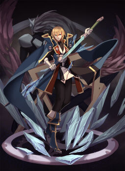 Rule 34 | 1boy, armor, blazblue, blazblue: calamity trigger, blazblue: central fiction, blazblue: chronophantasma, blazblue: continuum shift, blonde hair, boots, glacier, gloves, green eyes, hakumen, highres, holding, holding sword, holding weapon, ice, jacket, katana, kisaragi jin, looking at viewer, male focus, senemaru, solo, sword, weapon